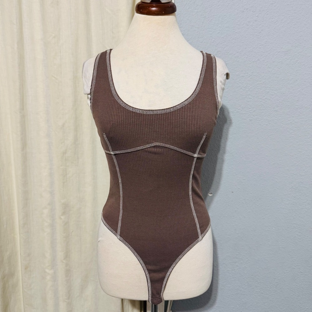 Mixed Threads Brown Y2K‎ Ribbed Knit Basic Tank Bodysuit Women's Size M Bohemian